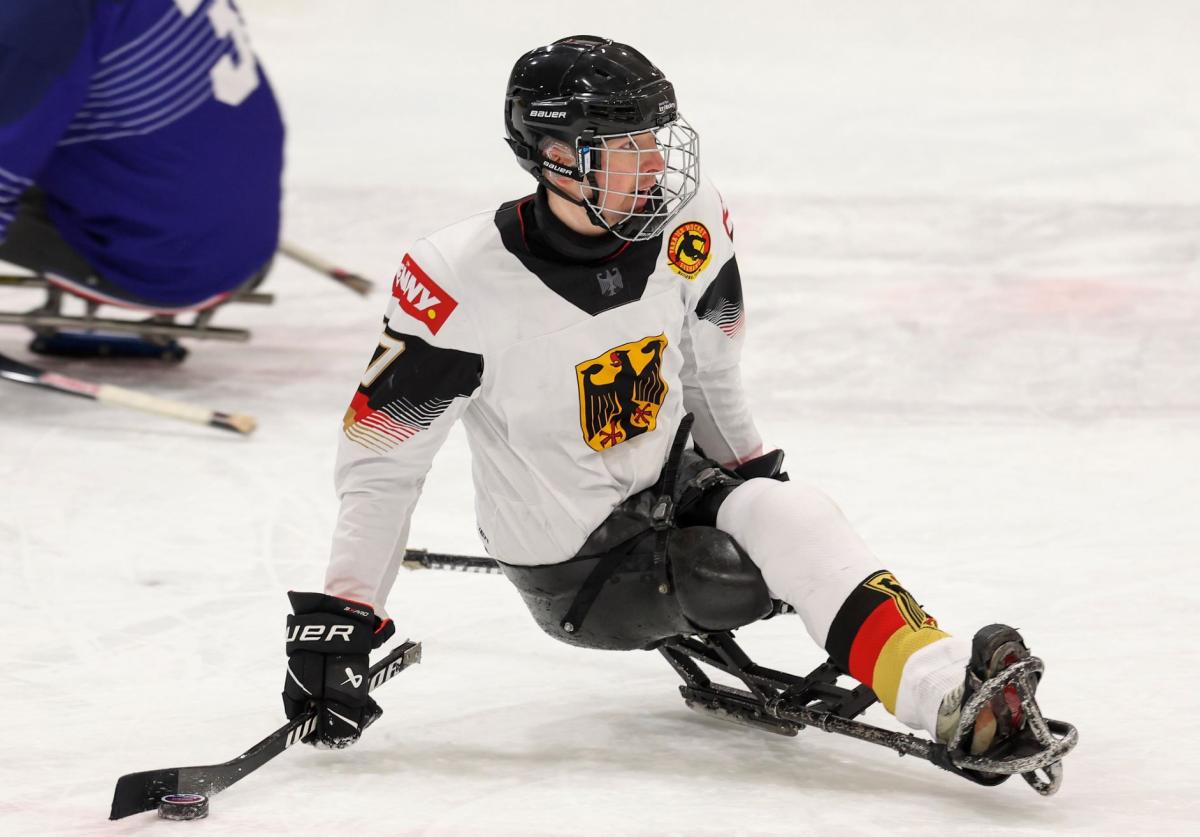 A Para ice hockey player from Germany in a game